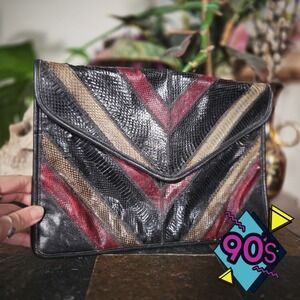 Vintage 90s Snakeskin Leather Clutch Chevron Envelope Purse Bold Evening Bag
